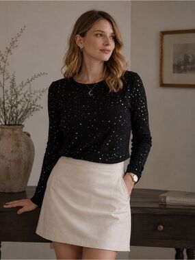 Black Sequin Crewneck Sweater Sparkle Detail Office Preppy Whimsigoth Night Out